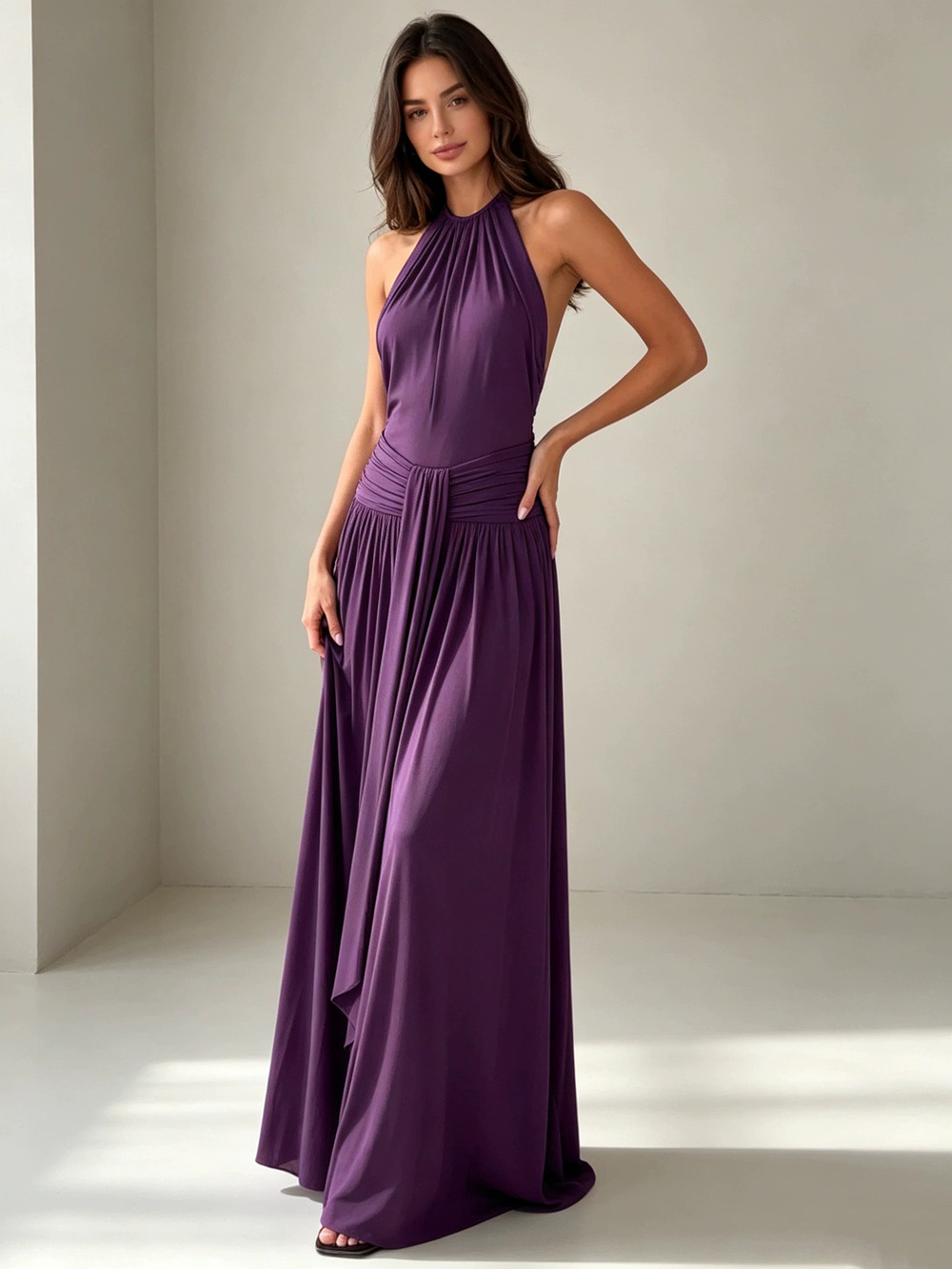 Zara Fall Pleated Waist Backless Halter Neck Long Dress with Sash